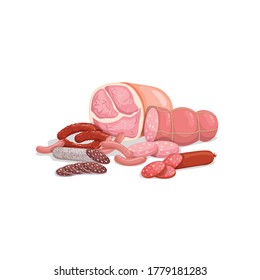 Meat and sausages. Ham, salami, boiled and dried sausages. whole and sliced. Cartoon style. Meat market vector illustration. For menu and packaging.