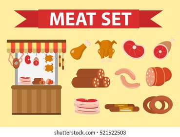 Meat and sausages icon set, flat style. Fresh meat set isolated on a white background. shop, showcase, protein foods. Vector illustration