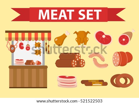Meat and sausages icon set, flat style. Fresh meat set isolated on a white background. shop, showcase, protein foods. Vector illustration