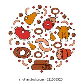 Meat and sausages icon set in round shape, a modern line style. Fresh meat set isolated on a white background. Meat products, food. Vector illustration