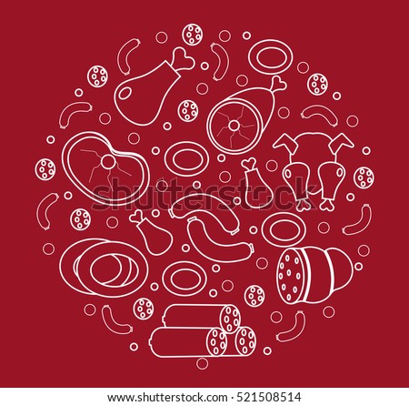 Meat and sausages icon set in round shape, a modern line style. Fresh meat set isolated on a white background. Meat products, food. Vector illustration