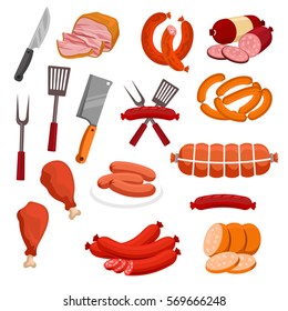 Meat and sausages icons. Butcher shop food products and delicatessen. Grilled chicken legs and pork bacon, beef ham and wurst sausages, salami and smoked pepperoni with forks and knife hatchets