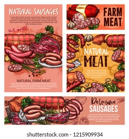 Meat sausages, pork ham and beef steak, salami, chicken legs and bacon slices, lamb roast, gammon, burger patty and pepperoni, vector sketches. Butcher shop products and barbeque meal