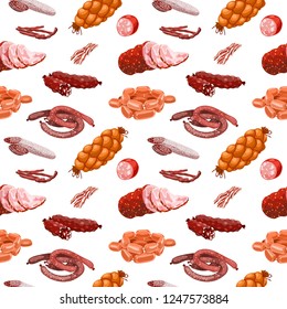 Meat and sausages seamless pattern.  Beef, pork, chorizo and salami tiled background for shops and market designs. Realistic vector illustration.