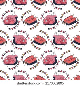 Meat and Sausages. Seamless pattern on a white background. Cute vector illustration.