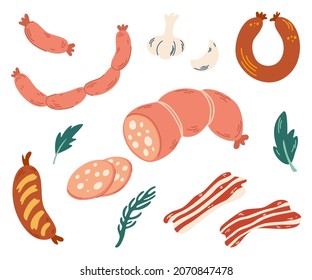 Meat sausages set. Cartoon beef sausages and salami sausages, grocery meat hot dogs. Sausages assortment. Ingredient slice, cooking salami, barbecue delicatessen. Hand Draw Vector illustration.