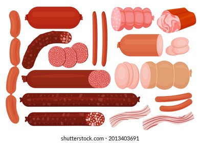 Meat and sausages Set of fresh and prepared meat. Beef, pork, pieces of bacon. Cartoon style realistic vector illustration icons isolated on white background EPS 10