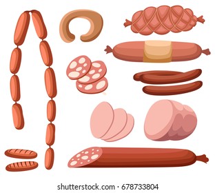 Meat and sausages Set of fresh and prepared meat. Beef, pork, salted lard and bologna and salami sausages. Modern flat style realistic vector illustration icons isolated on white background