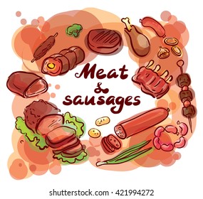 Meat and sausages set sketch illustration lettering