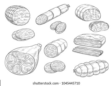 Meat And Sausages Sketch Icons. Vector Isolated Meat Delicatessen Of Curry Wurst Or Salami And Pepperoni Cervelat, Smoked Pork Bacon And Fresh Veal Sausage Or Hamon Ham For Grocery Store