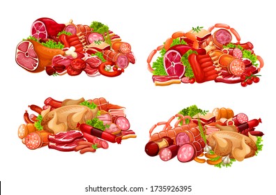 Meat, sausages and smoked vector food. Butcher shop sausages, beef steak, kotelet and chicken fowl, pork ham and veal medallions, salami and cervelat smoked wursts, mutton ribs farm meat products set