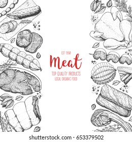 Meat and sausages top view. Engraved style background. Hand drawn vector illustration. Meat products design template