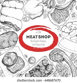 Fleisch und Würstchen mit Draufsicht.  Vektorgrafik. Graviertes Design. Handgezeichnete Illustration. Designvorlage für Fleischprodukte.