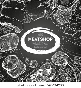 Meat and sausages top view frame. Vector illustration. Engraved design. Hand drawn illustration. Meat products design template.