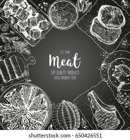 Meat and sausages top view frame. Engraved style. Hand drawn vector illustration. Meat products design template.