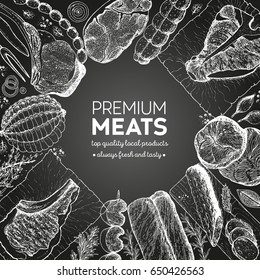 Meat and sausages top view frame. Engraved style. Hand drawn vector illustration. Meat products design template.