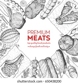 Meat and sausages top view frame. Engraved style. Hand drawn vector illustration. Meat products design template.