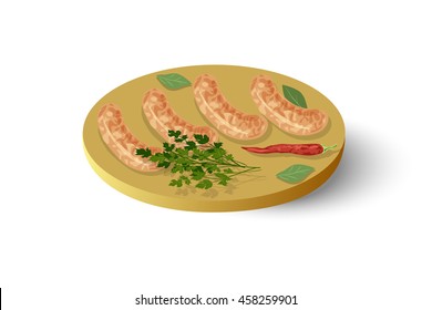 meat sausages,parsley, bay leaf and chilli on the cutting board, vector illustration