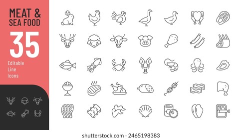 Conjunto de iconos editables de carne y mariscos. Ilustración vectorial en estilo moderno de línea delgada de los iconos relacionados con la comida: pollo, pulpo, carne de res, y más. Pictogramas e infografías para App móviles.