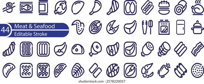 Meat and Seafood Editable Icons set. Vector illustration in modern thin line style of food related icons , chicken, octopus, beef, and more