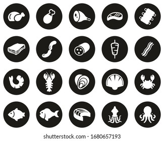 Meat & Seafood Icons White On Black Flat Design Circle Set Big