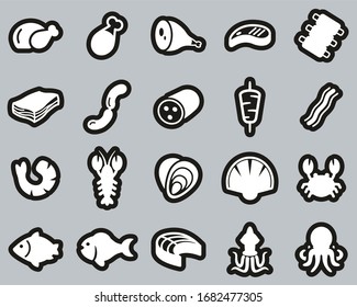 Meat & Seafood Icons White On Black Sticker Set Big