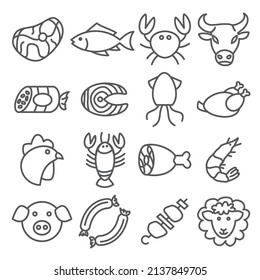 Meat and Seafood Line Icons set on white background