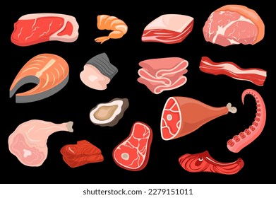 Meat and seafood set concept in the flat cartoon style. Images of different pieces of meat and seafood. Vector illustration.