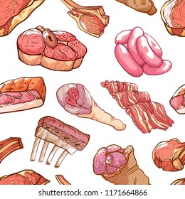 Meat seamless hand drawn pattern. Red flesh of an animal used for food, butcher shop decoration. Vector meat products  illustration on white background