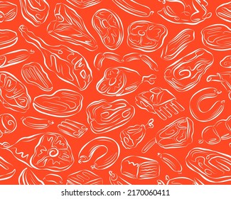 Meat seamless pattern. Barbecue or grill food concept background. Vector illustration