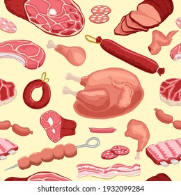 Meat seamless pattern of beef steaks, pork ribs, tenderloin, sliced bacon, schnitzel, ham, chicken and cutlet. Vector wallpaper for grocery store, food market, restaurant, butcher shop, packing.