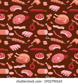 Meat seamless pattern of beef steaks, pork ribs, tenderloin, sliced bacon, Fresh meat sausage, salami, frankfurter, schnitzel, ham, chicken. Meat products background for butcher shop design.