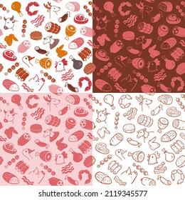 Meat seamless pattern collection. Pieces of meat and meat products. Food ingredients for cooking illustration. Colorful, monochrome silhouettes and doodle style. Vector illustration.