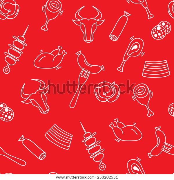 Meat seamless pattern with elements of sausages, a stake, shish kebabs, chickens. Vector illustration.