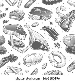 Meat seamless pattern. Hand drawn different meat products. Veal, beef steak and sausages, barbecue picnic sketch vintage vector texture for restaurant menu