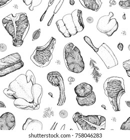 Meat seamless pattern. Hand drawn vector illustration. Food menu background. Sketch illustration. Engraved style.