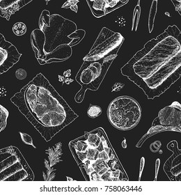 Meat seamless pattern. Hand drawn vector illustration. Food menu background. Sketch illustration. Engraved style.