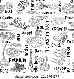 Meat seamless pattern. Hand-drawn vector illustration. Carved style. Food menu background. Sketch illustration.