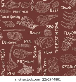 Fleisch nahtlos Muster. Handgezeichnete Vektorgrafik. Carved-Stil. Speisekarte, Hintergrund. Sketch-Illustration.
