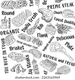 Meat seamless pattern. Hand-drawn vector illustration. Carved style. Food menu background. Sketch illustration.