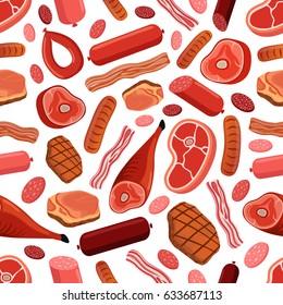 Meat seamless pattern - sausages, salami, pork, bacon, steak, beef, ham. Made in cartoon flat style.