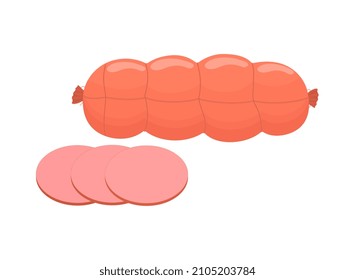 Meat semi finished product concept. Sticker with delicious creamy sausage cut into slices. Ingredient for preparing snacks and dishes. Cartoon flat vector illustration isolated on white background