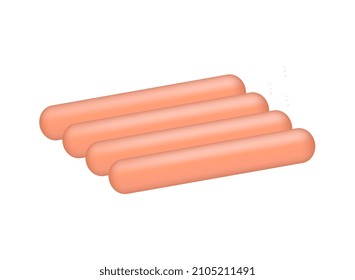 Concepto de producto semiacabado de carne. Etiqueta colorida con cuatro largas salchichas de cerdo cremosas. Alimentos y dieta saludables. Ingrediente de cocina. Dibujo vectorial plano de dibujos animados aislado en fondo blanco