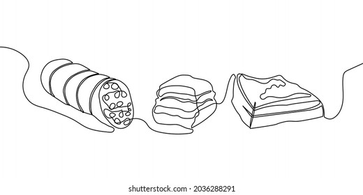 Meat Semi-finished Products Continuous Line Drawing Set. One Line Art Of Sausage, Lard, Smoked Meat, Bacon.