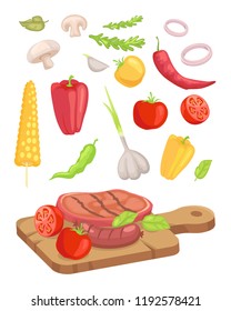 Meat Served On Board Isolated Icons Set Vector. Vegetables And Roasted Steak Mushroom And Corn. Garlic And Pepper Onion Rings And Herbs Paprika Veg