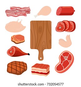 Meat set - bacon, chicken, ham, smoked pork, jamon, hamon, cutting board. Made in cartoon flat style. Vector illustration