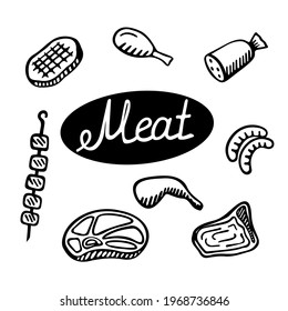Conjunto de carne: carne de res, cerdo, cordero. Productos cárnicos: bistec, barbacoa, pollo, salchichas, frankfurter, carne en el hueso. Antecedentes del diseño de la carnicería. Mano dibujada, garabato. Ilustración del vector 