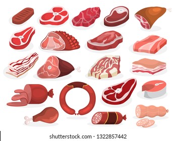 Meat set. Collection of beef and pork steak, ham, fillet. Fresh ingredient for cooking. Chicken and sausage. Isolated vector illustration in cartoon style