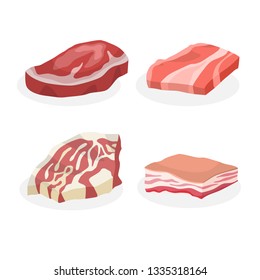 Meat set. Collection of beef and pork fillet. Fresh ingredient for cooking. Isolated vector illustration in cartoon style