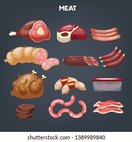 Meat set. Collection of beef and pork steak, ham, fillet. Fresh ingredient for cooking. Chicken and sausage. Isolated vector illustration in cartoon style